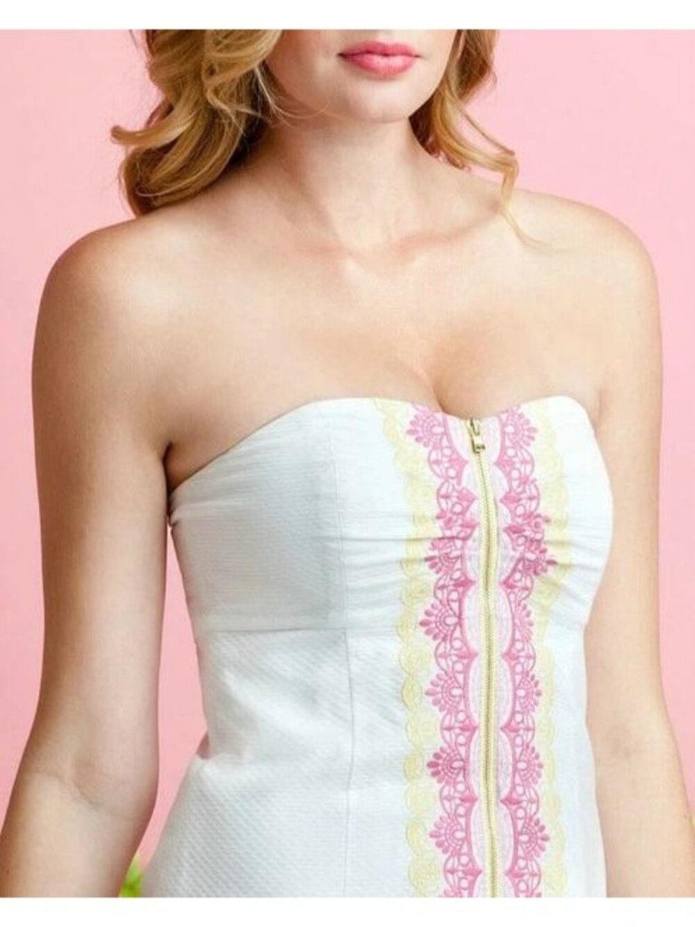 Lilly Pulitzer White Strapless Dress with Pink and Yellow Trim - Picture 3 of 8